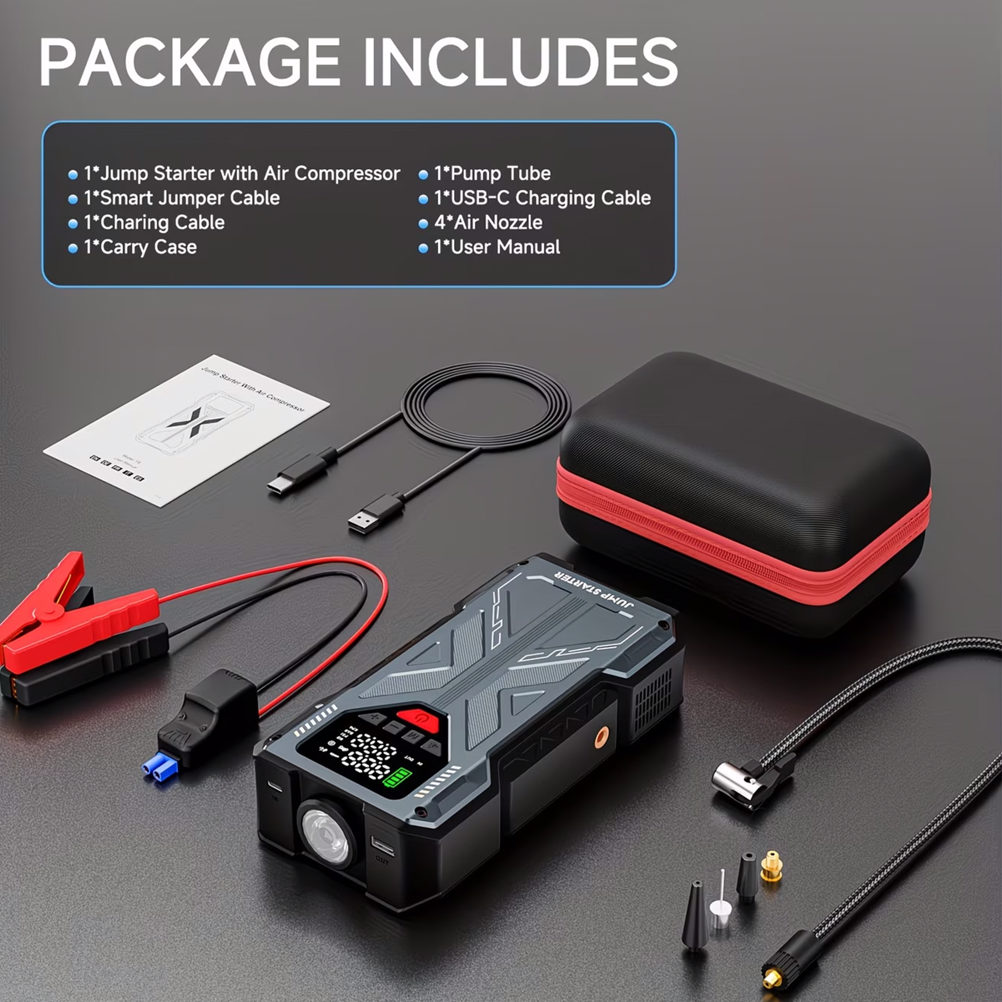 Portable Jump Starter with Air Compressor 6000A &amp; 150PSI Digital Tire Inflator for 12V Car Battery Emergency Use