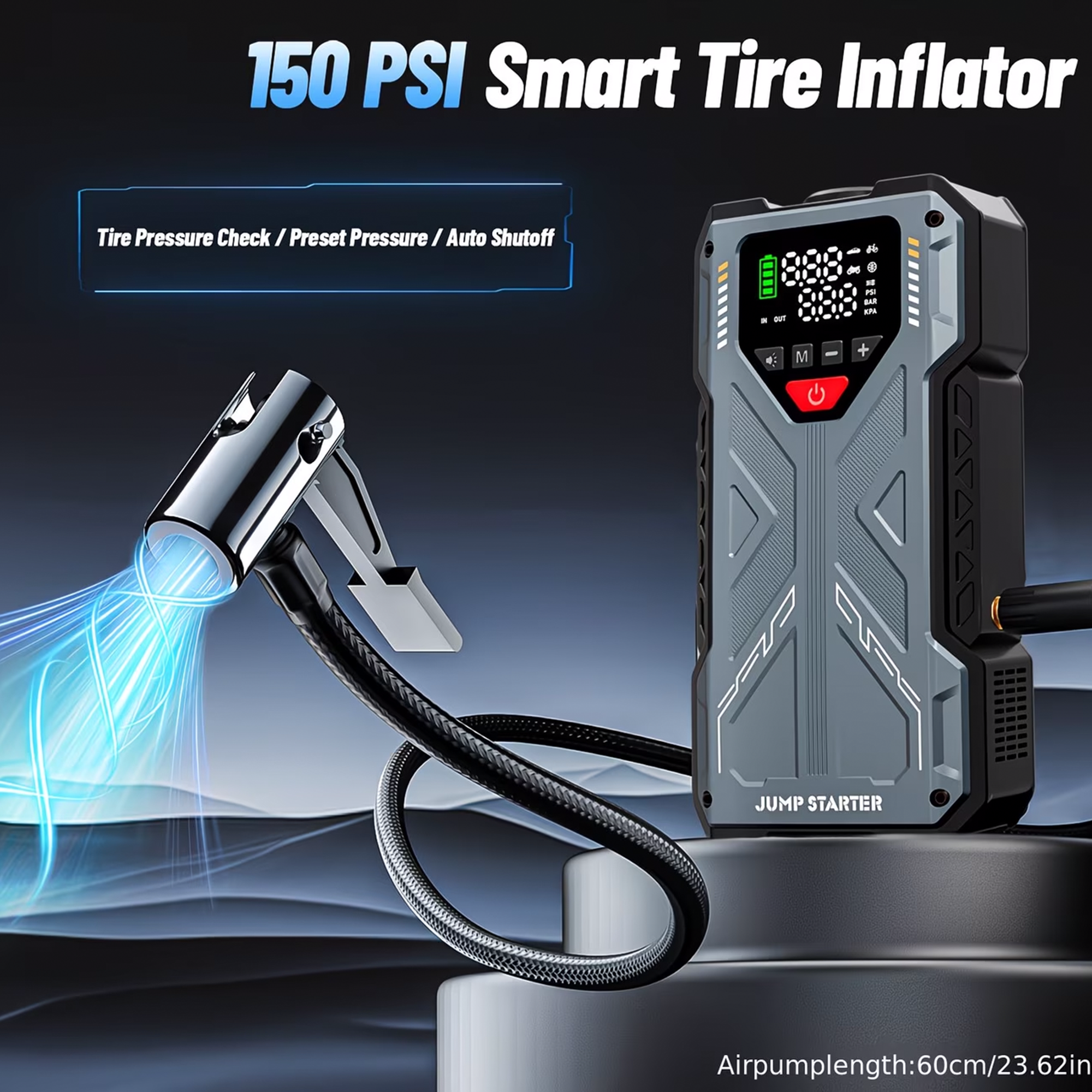 Portable Jump Starter with Air Compressor 6000A &amp; 150PSI Digital Tire Inflator for 12V Car Battery Emergency Use