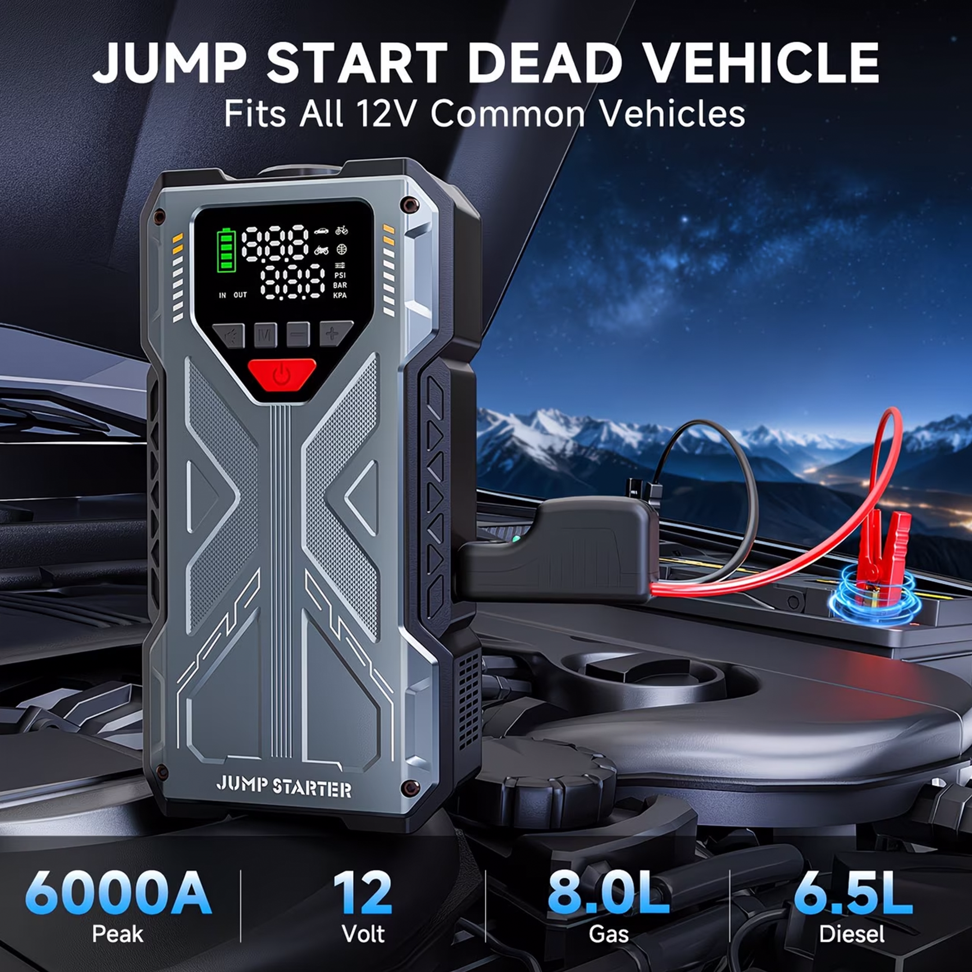 Portable Jump Starter with Air Compressor 6000A &amp; 150PSI Digital Tire Inflator for 12V Car Battery Emergency Use