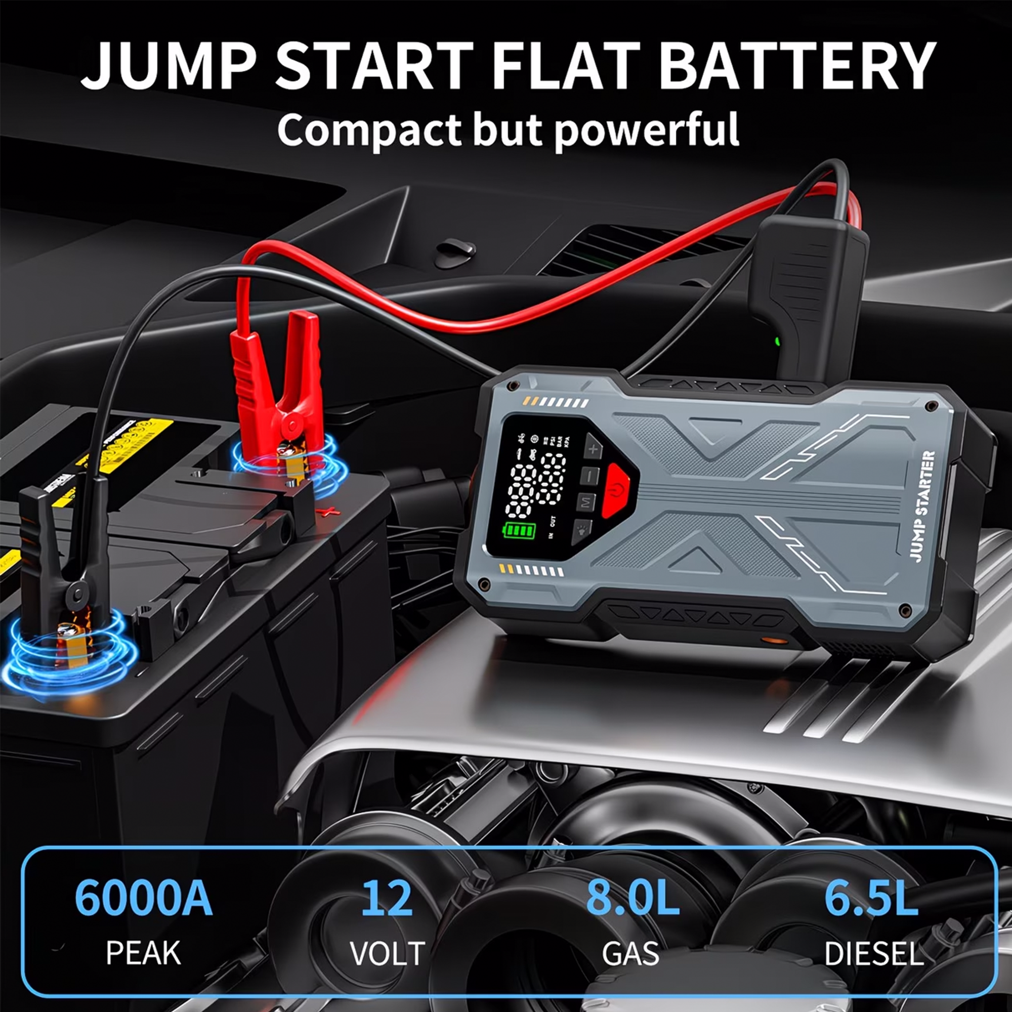 Portable Jump Starter with Air Compressor 6000A &amp; 150PSI Digital Tire Inflator for 12V Car Battery Emergency Use