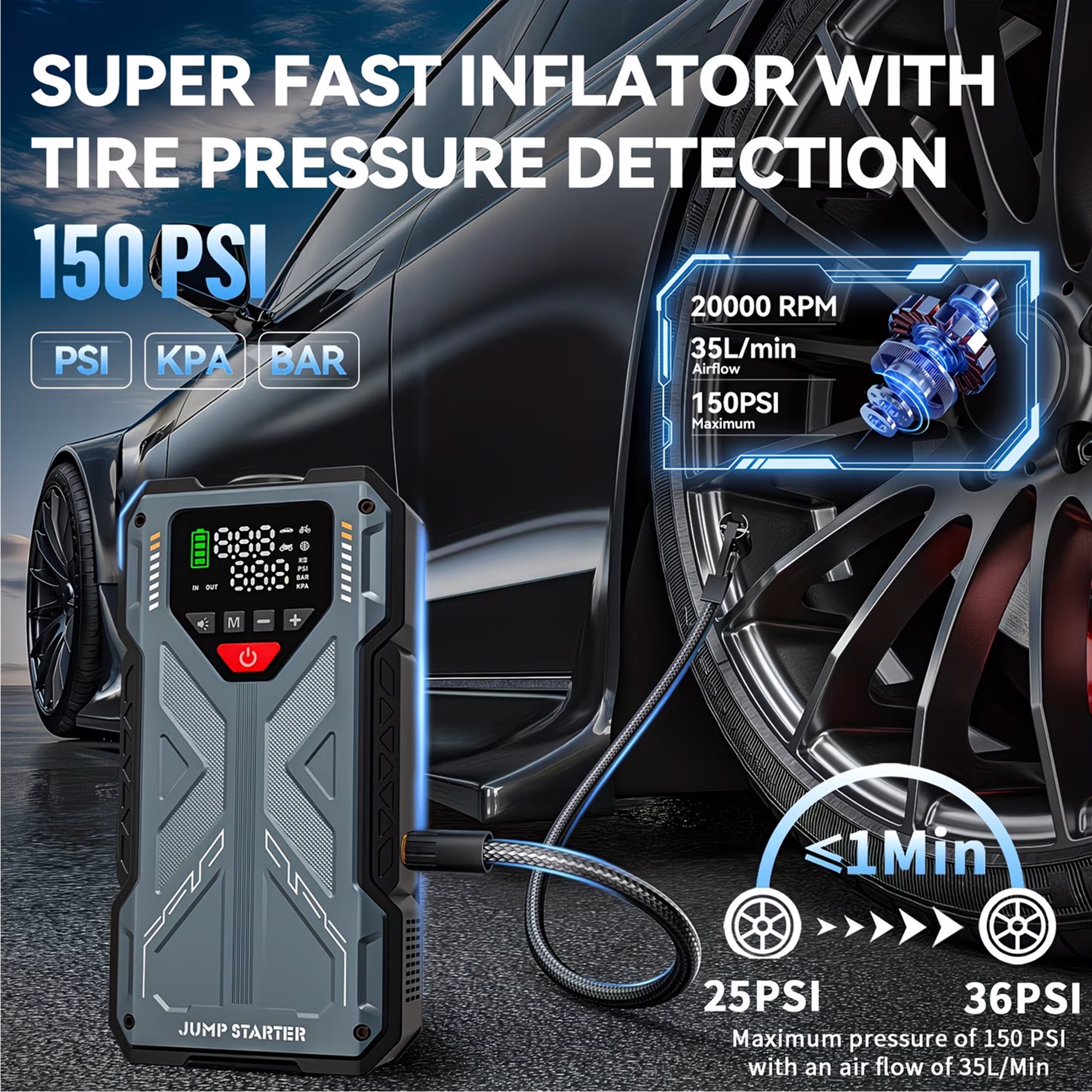 Portable Jump Starter with Air Compressor 6000A &amp; 150PSI Digital Tire Inflator for 12V Car Battery Emergency Use