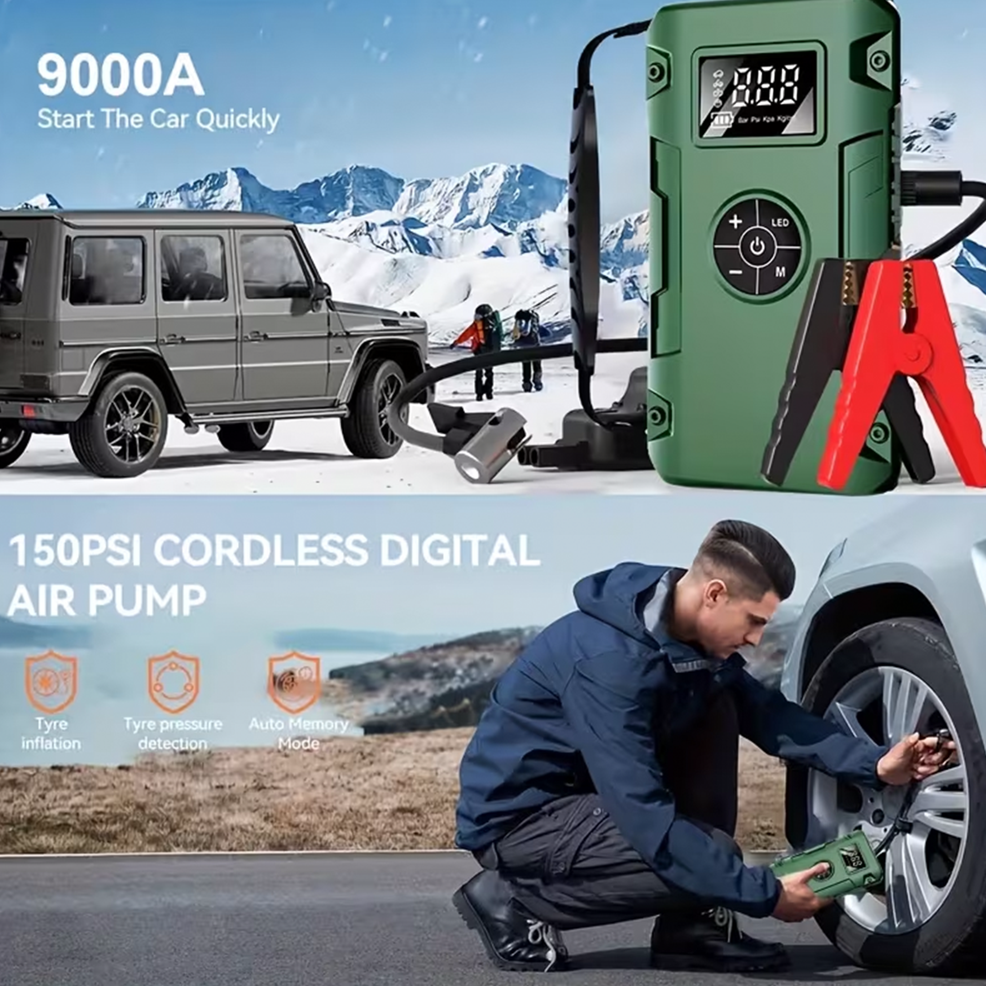 Portable Jump Starter with Air Compressor 10000A &amp; 150PSI Digital Tire Inflator for 12V Car Battery Emergency Use