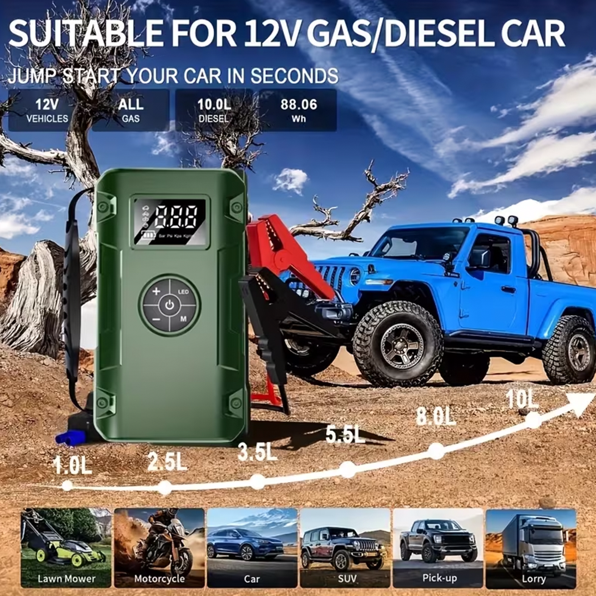 Portable Jump Starter with Air Compressor 10000A &amp; 150PSI Digital Tire Inflator for 12V Car Battery Emergency Use