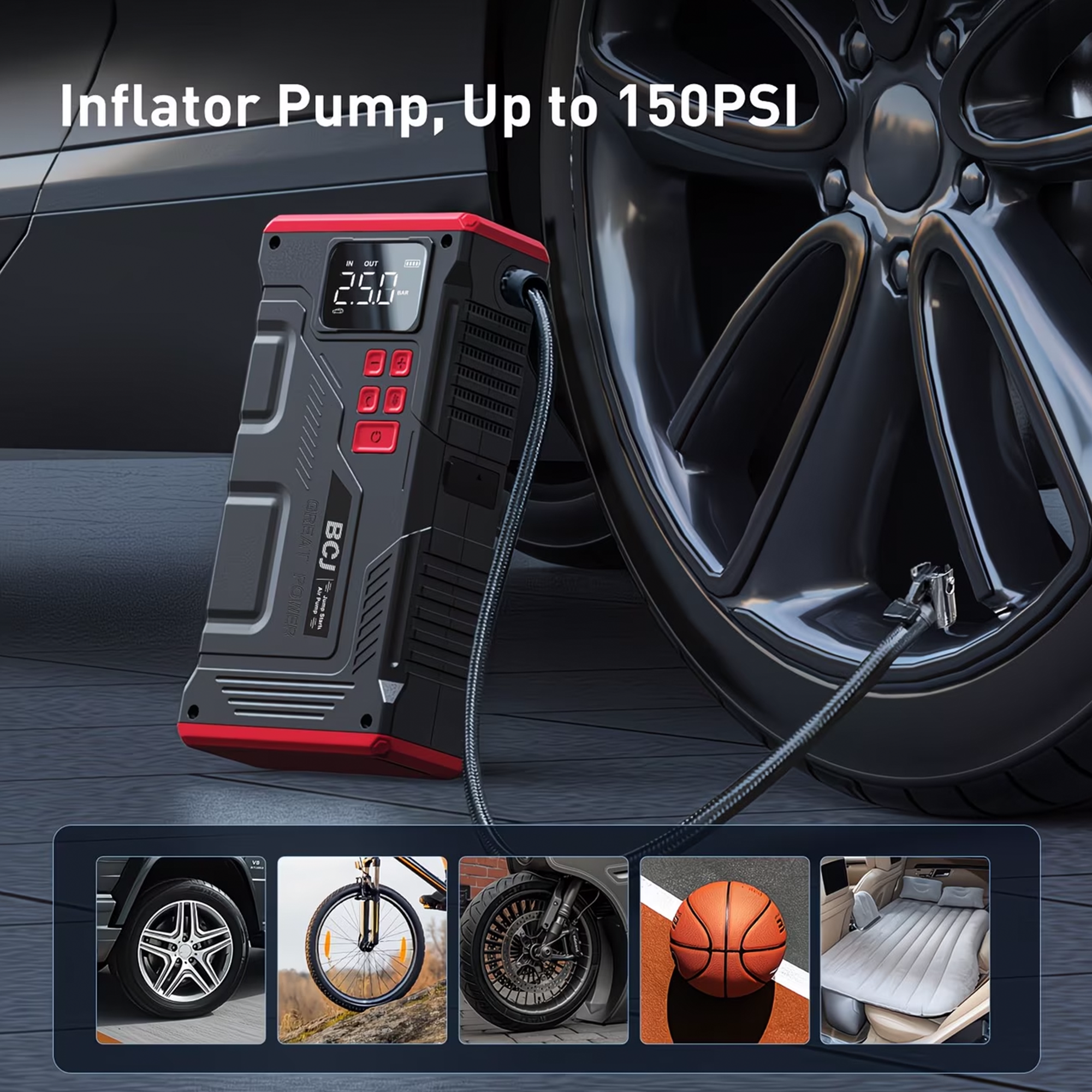 Portable Jump Starter with Air Compressor 5000A &amp; 150PSI Digital Tire Inflator for Car Battery Emergency Use