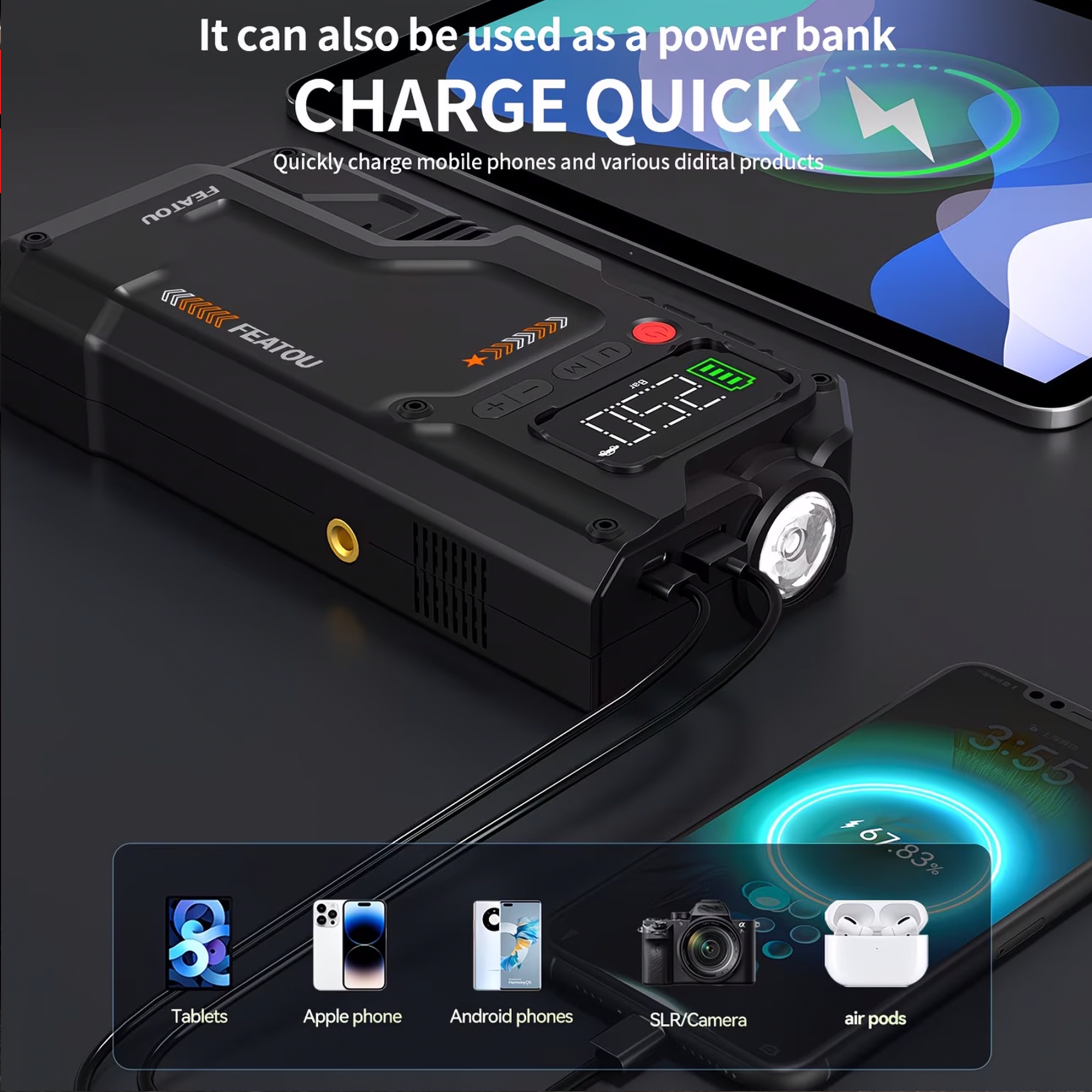 Portable Jump Starter with Air Compressor 5000A &amp; 150PSI Digital Tire Inflator for Car Battery Emergency Use