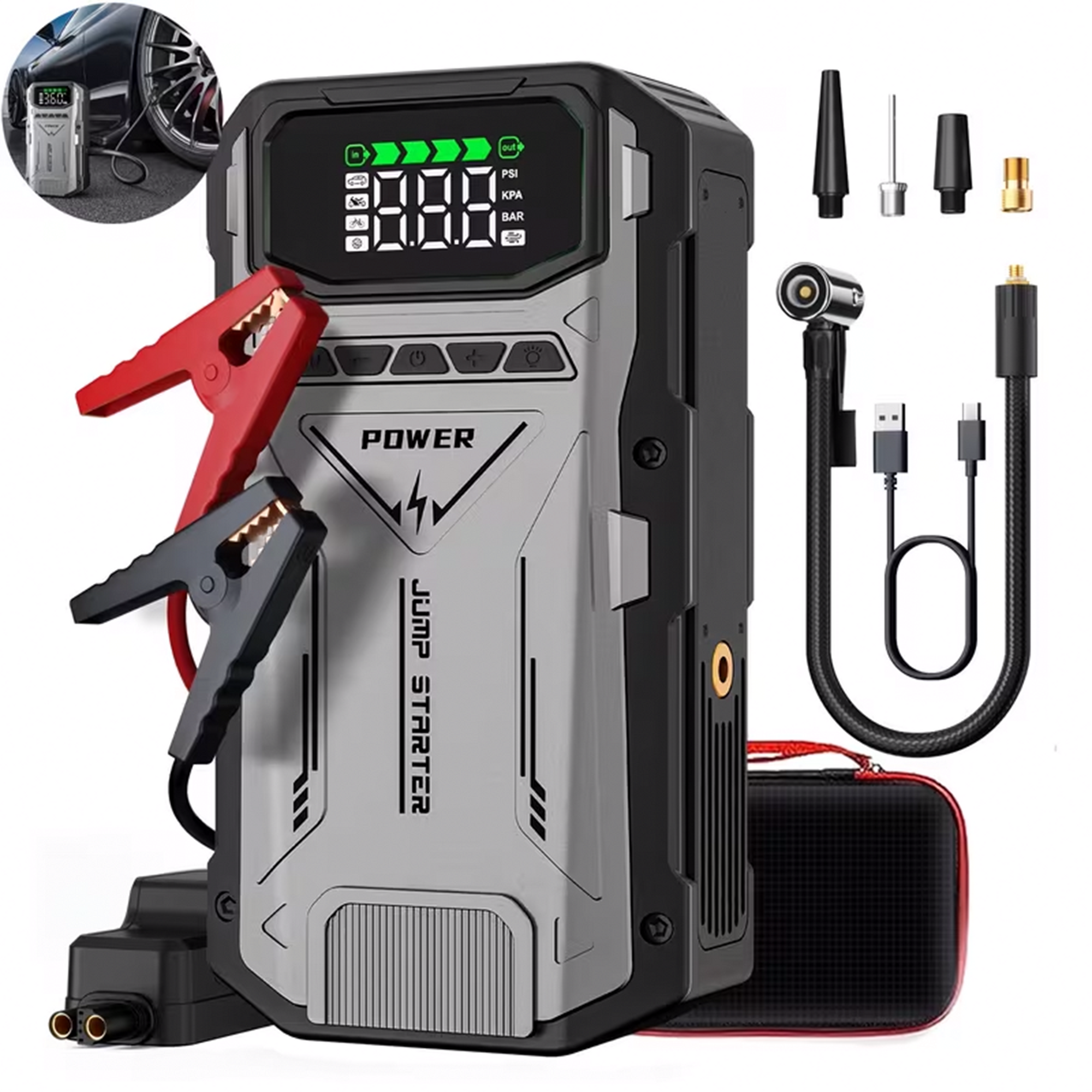 Portable Jump Starter with Air Compressor 6000A &amp; Tire Inflator for Car for Car Battery Emergency Use
