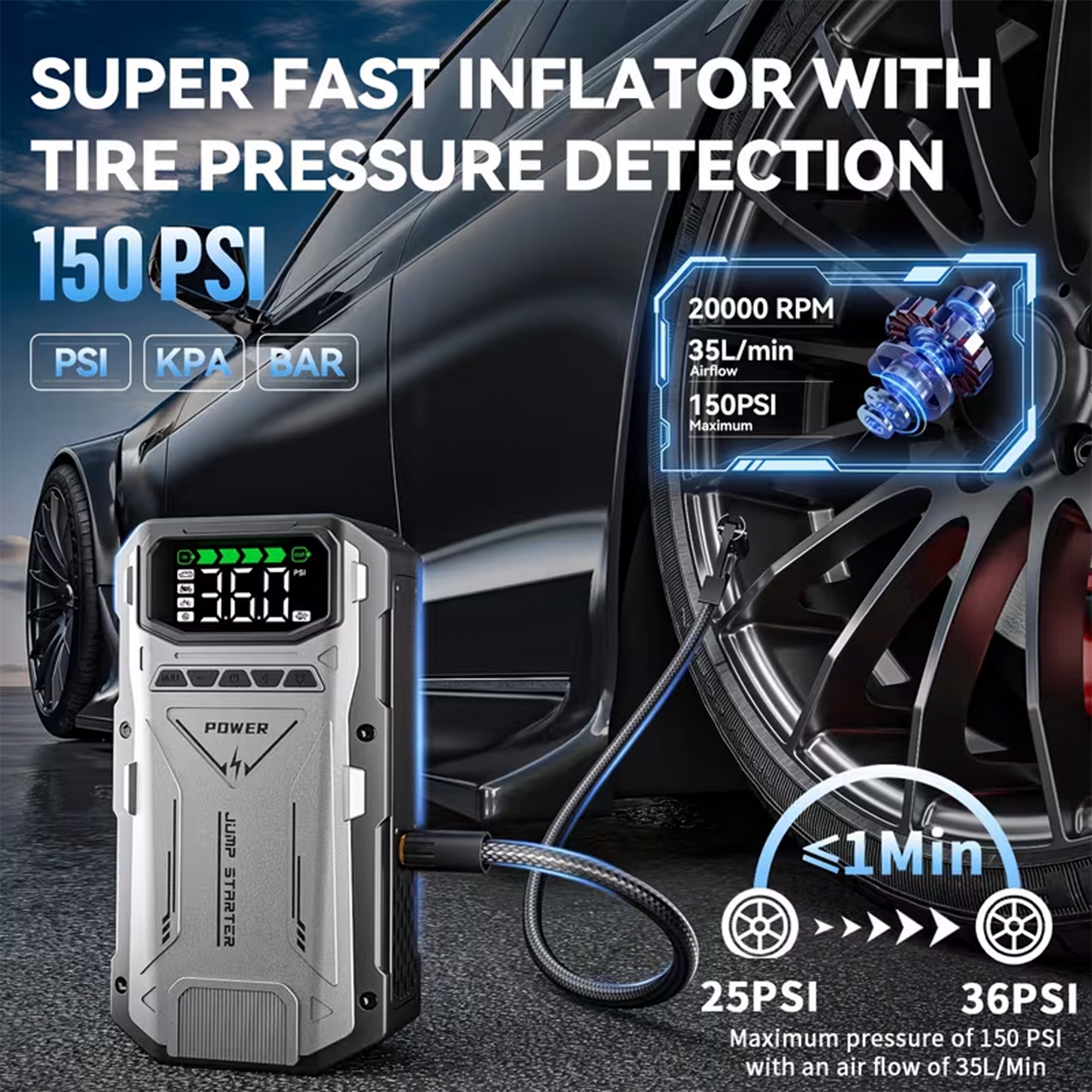 Portable Jump Starter with Air Compressor 6000A &amp; Tire Inflator for Car for Car Battery Emergency Use