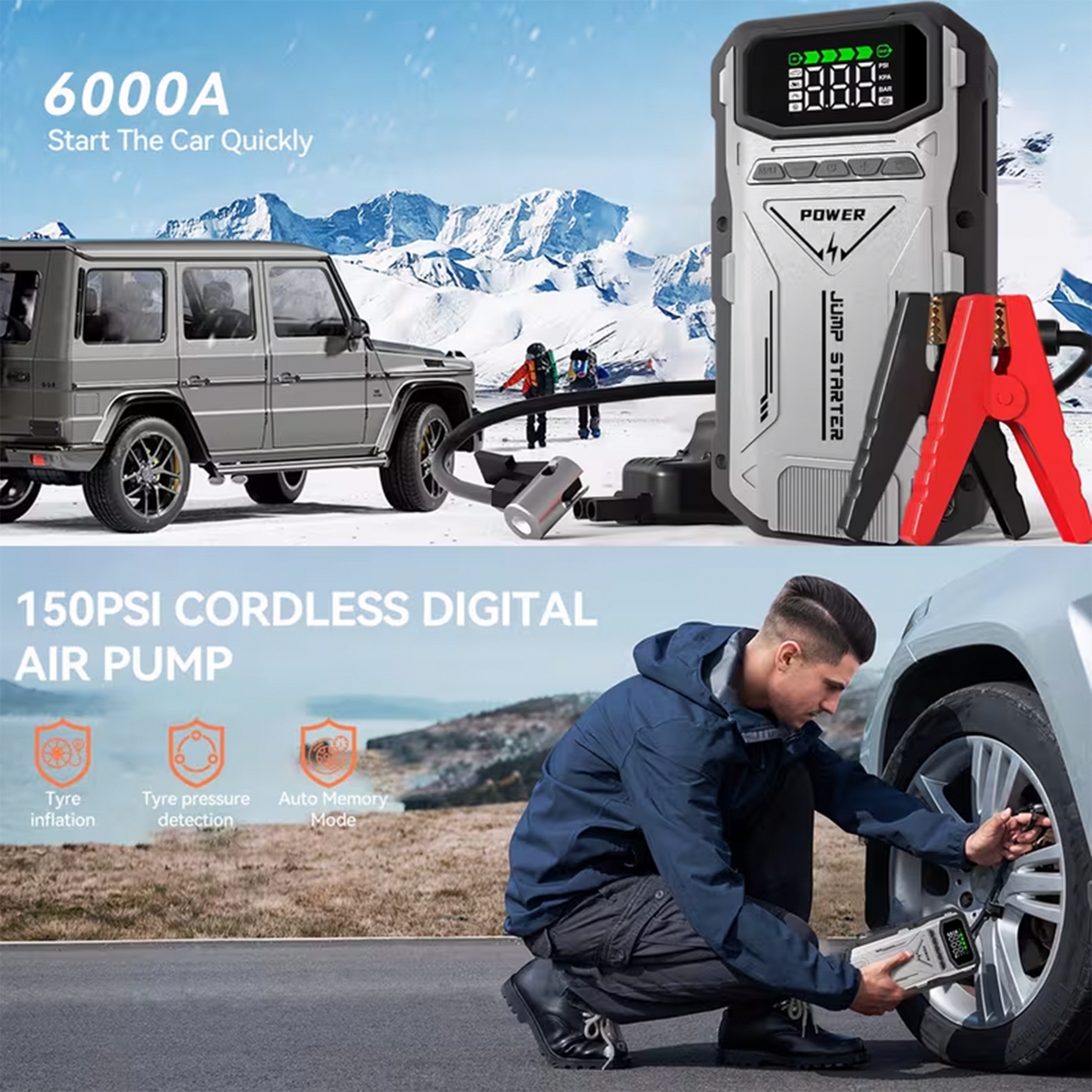 Portable Jump Starter with Air Compressor 6000A &amp; Tire Inflator for Car for Car Battery Emergency Use