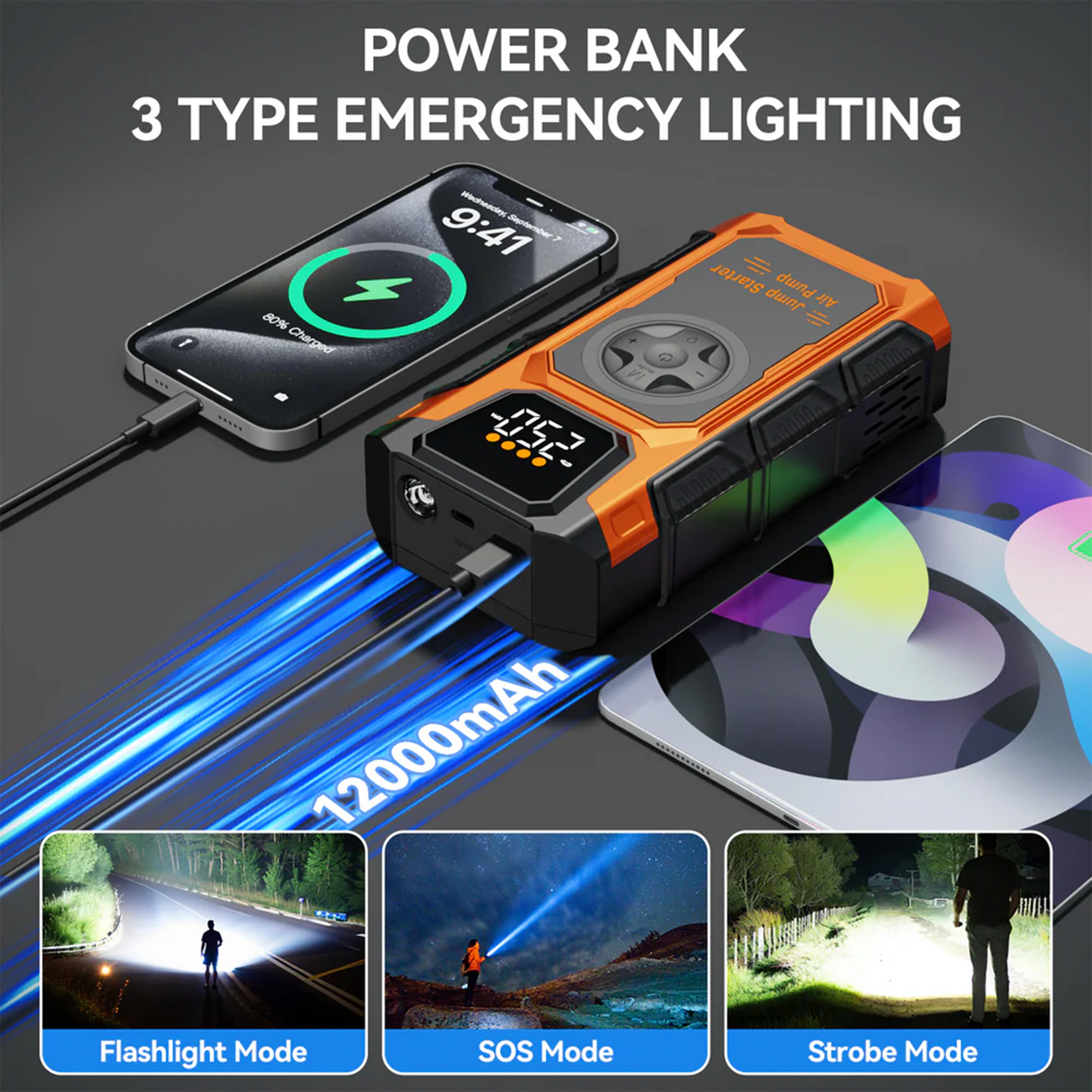 Portable Jump Starter with Air Compressor 7000A &amp; 150PSI Digital Tire Inflator for 12V Car Battery Emergency Use