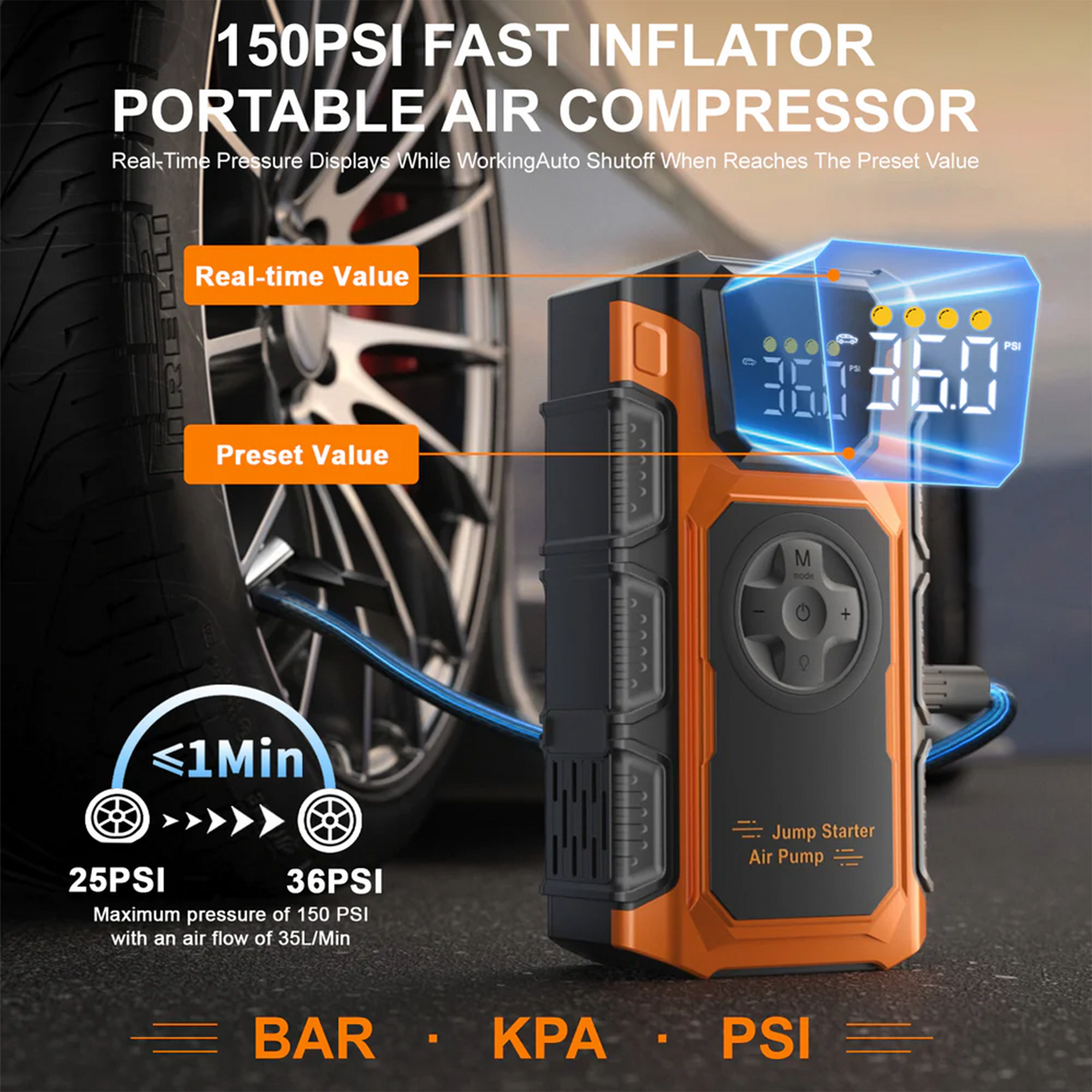 Portable Jump Starter with Air Compressor 7000A &amp; 150PSI Digital Tire Inflator for 12V Car Battery Emergency Use