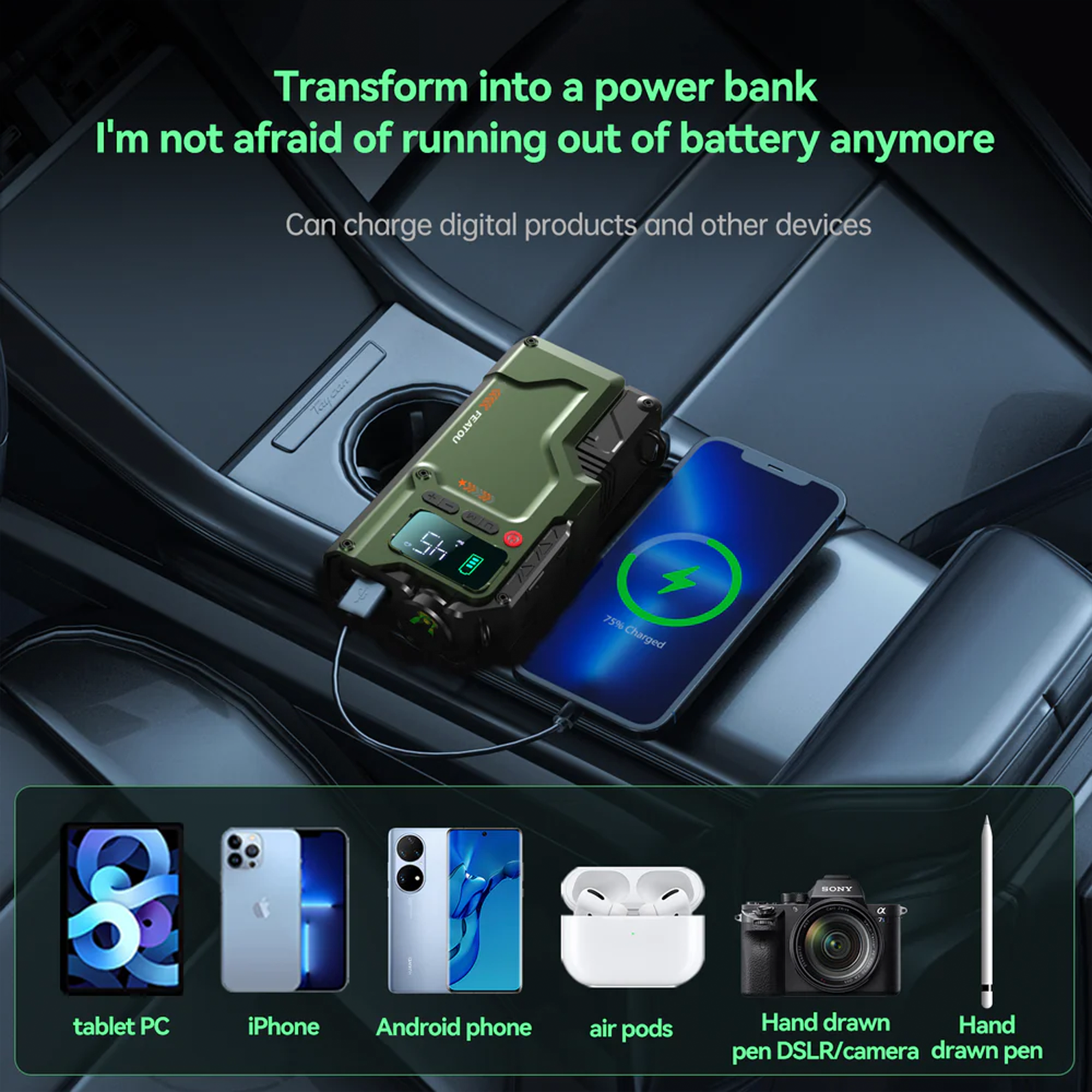 Portable Jump Starter with Air Compressor 7000A &amp; 150PSI Digital Tire Inflator for 12V Car Battery Emergency Use