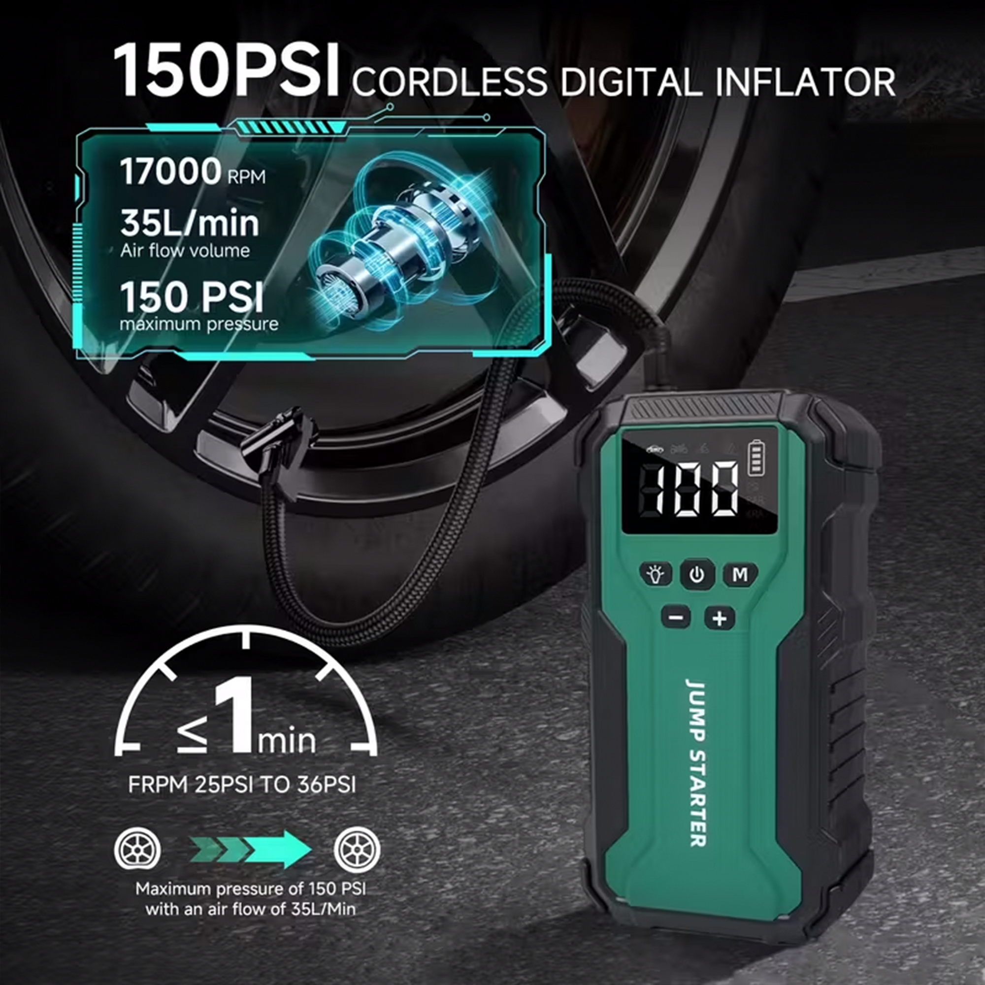 Portable Jump Starter with Air Compressor 10000A &amp; 150PSI Digital Tire Inflator for 12V Car Battery Emergency Use