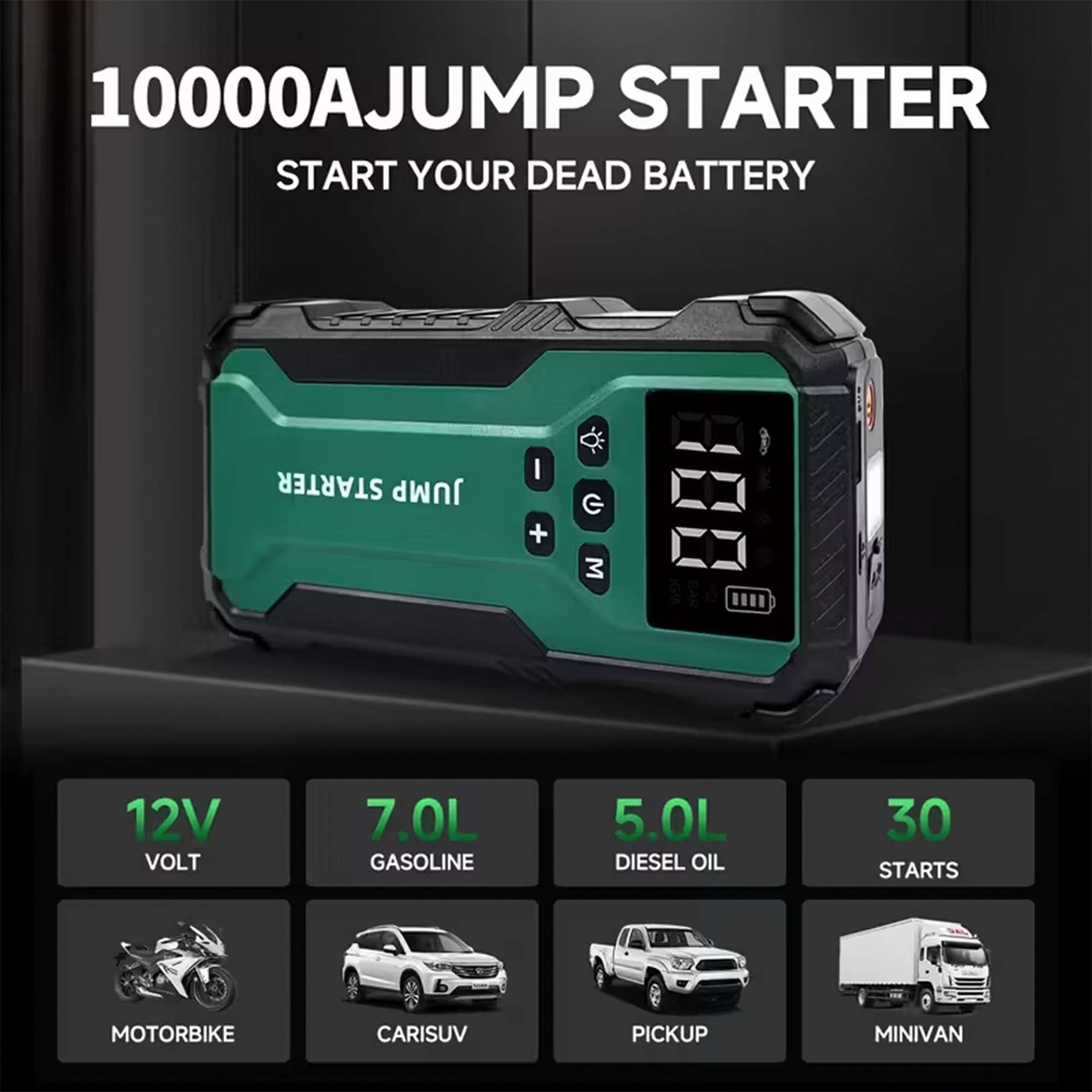 Portable Jump Starter with Air Compressor 10000A &amp; 150PSI Digital Tire Inflator for 12V Car Battery Emergency Use