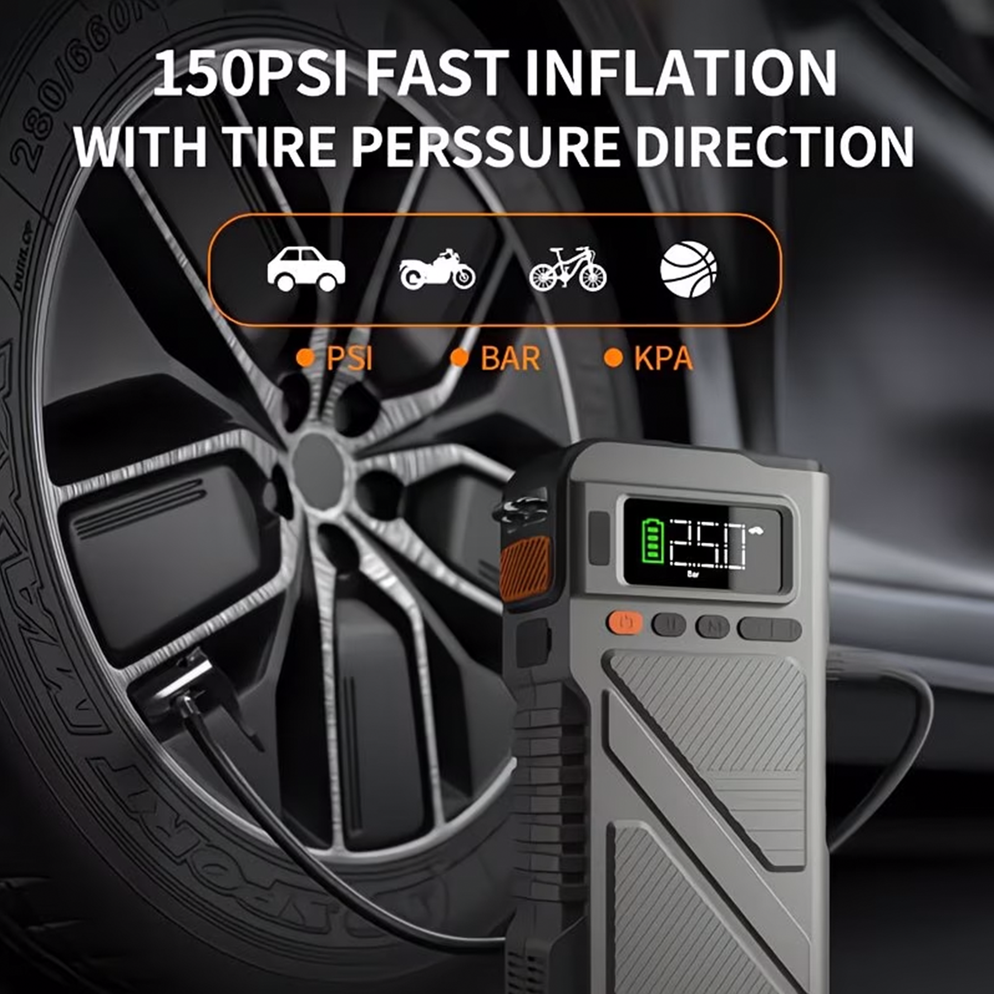 Portable Jump Starter with Air Compressor 8000A &amp; 150PSI Digital Tire Inflator for 12V Car Battery Emergency Use