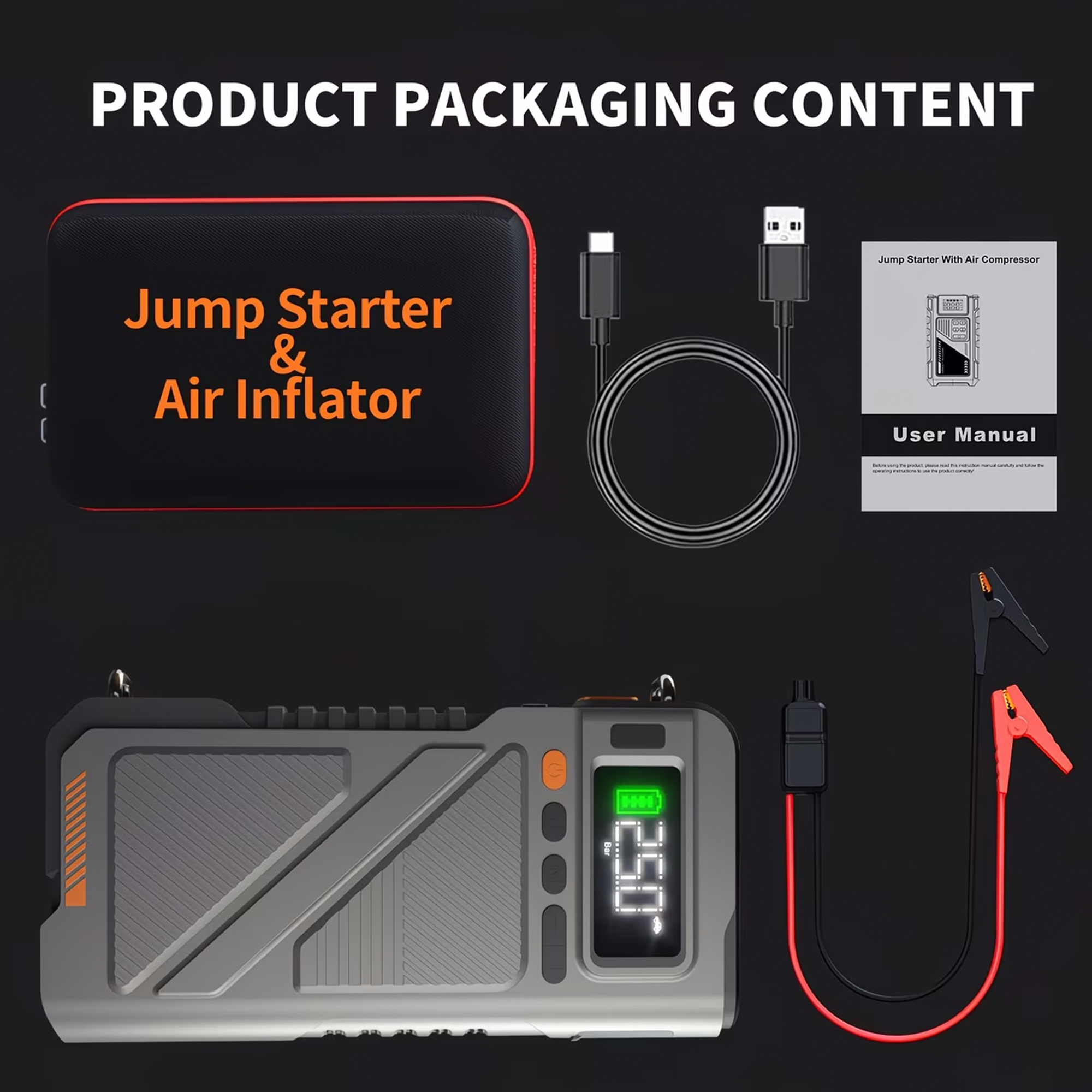 Portable Jump Starter with Air Compressor 8000A &amp; 150PSI Digital Tire Inflator for 12V Car Battery Emergency Use