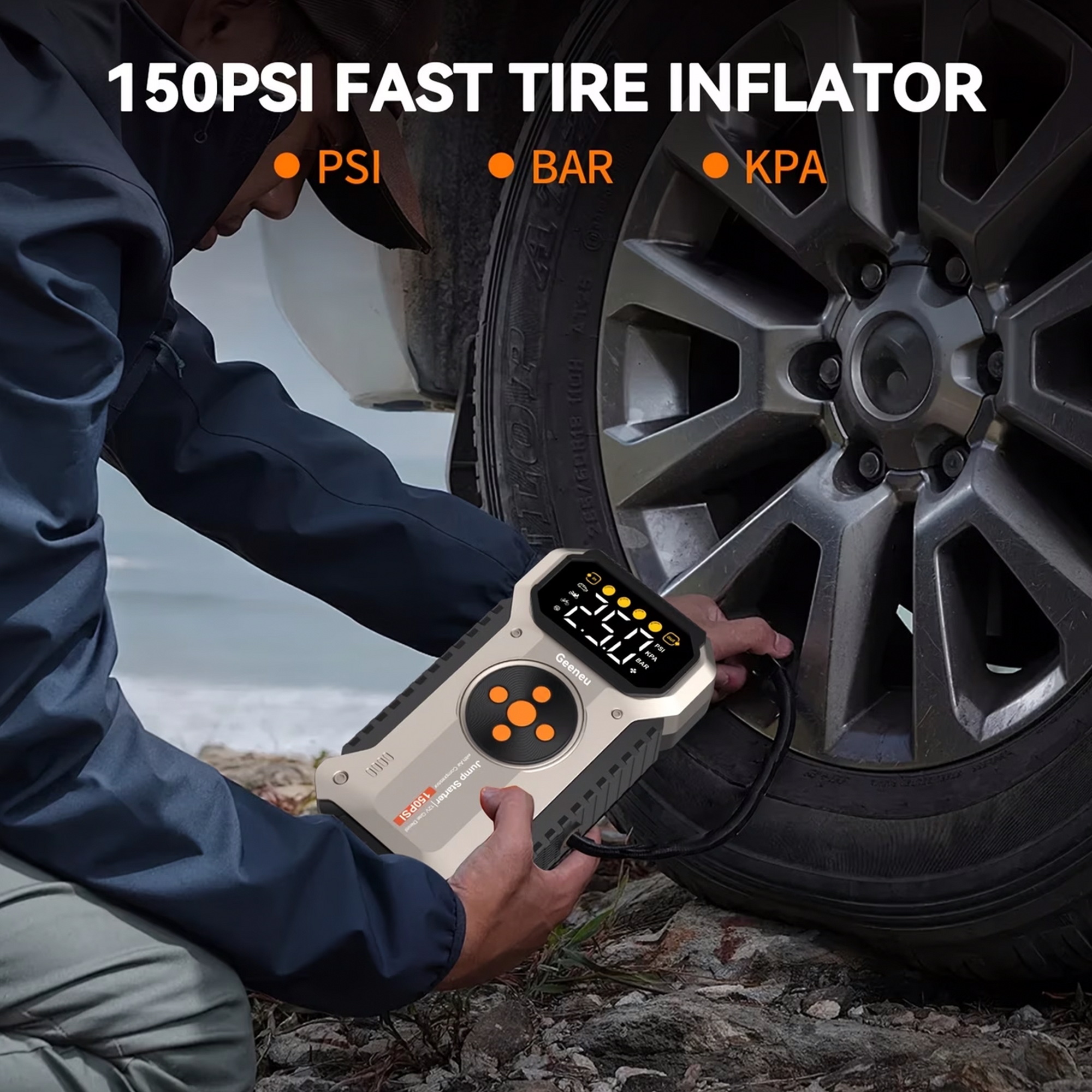 Portable Jump Starter with Air Compressor 5000A &amp; Tire Inflator for Car Battery Emergency Use