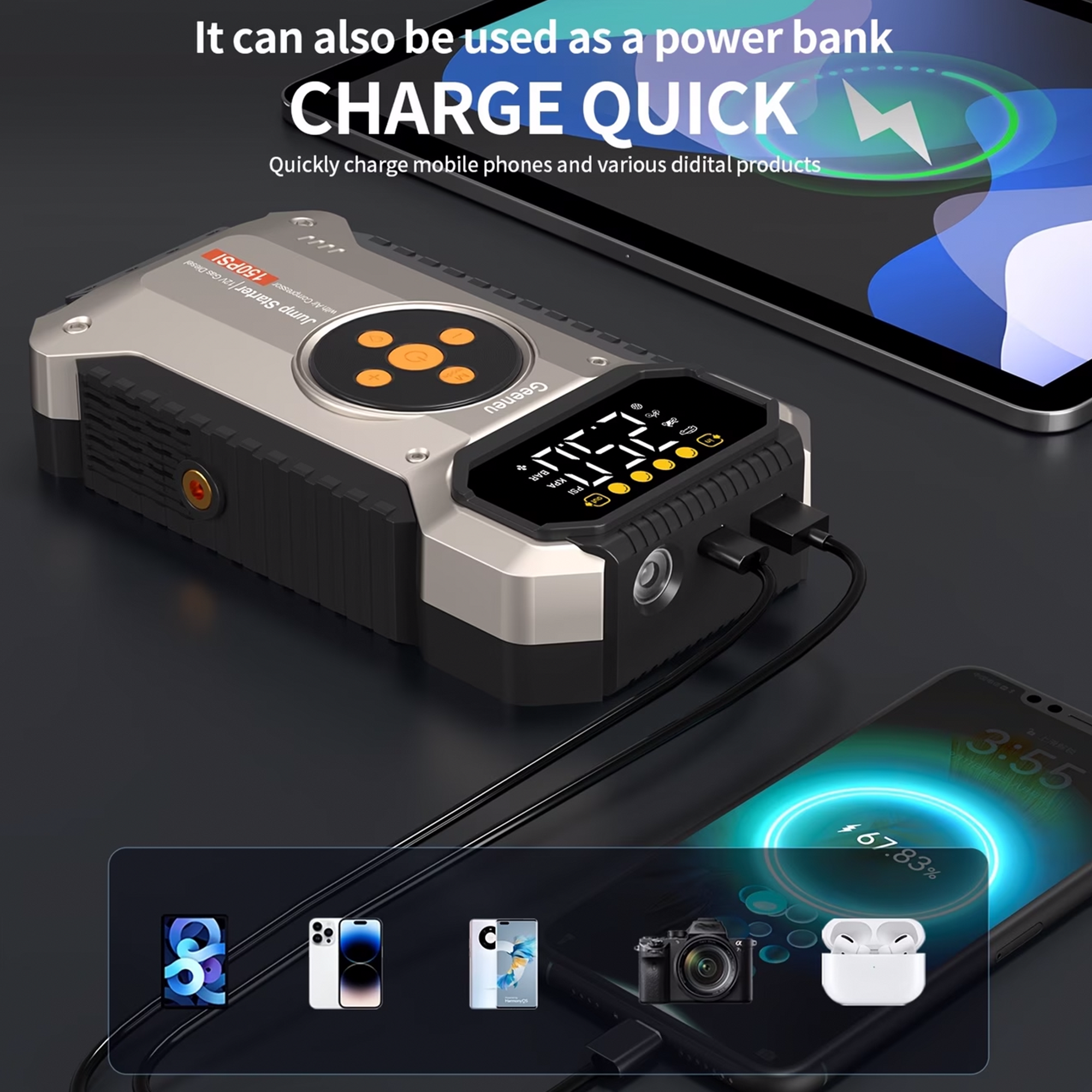 Portable Jump Starter with Air Compressor 5000A &amp; Tire Inflator for Car Battery Emergency Use