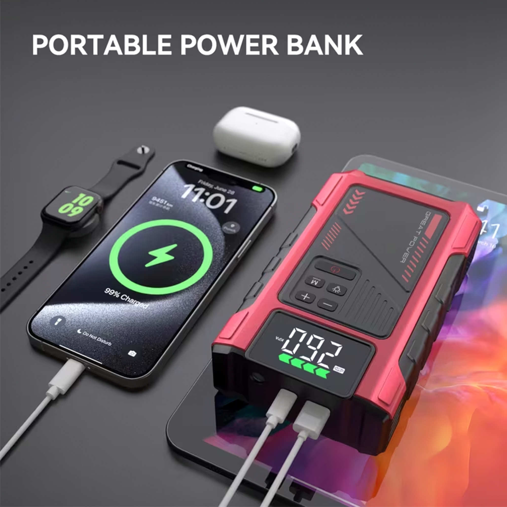 Portable Jump Starter with Air Compressor 6000A &amp; Tire Inflator for Car for Car Battery Emergency Use